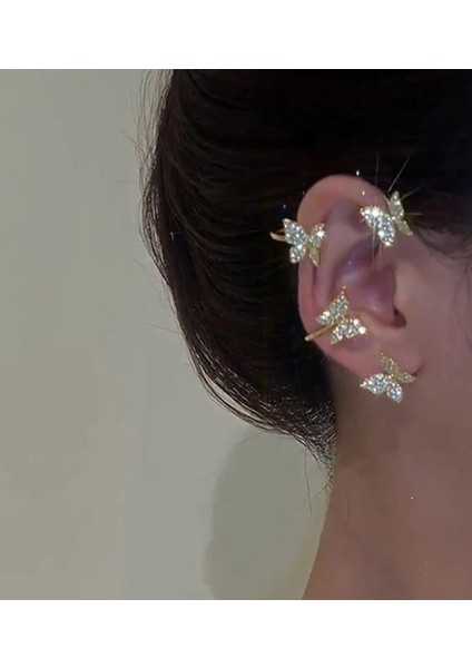 Gold Renk Tekli Zirkon Taşlı Kelebek Earcuff Kıkırdak Küpe