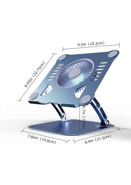 Coverzone USB Fanlı Notebook Bilgisayar Standı Güçlü Fan Yüksekliği Ayarlanabilir Tutucu Işıklı Fan Tok Aliminyum 10-17 Inç Notebooklar ile Uyumlu Pedli TABAN%100 Tok Aliminyum Alaşımlı Katlanır