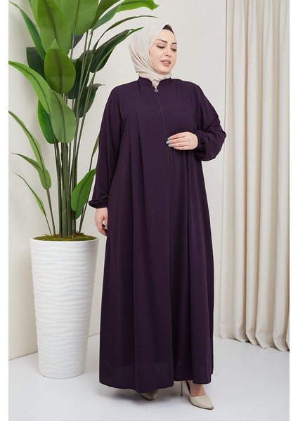Medine Ipeği Tesettür Pile Detaylı Ferace MDC-0165 Mürdüm