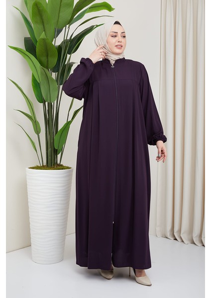 Medine Ipeği Tesettür Pile Detaylı Ferace MDC-0165 Mürdüm modelleri