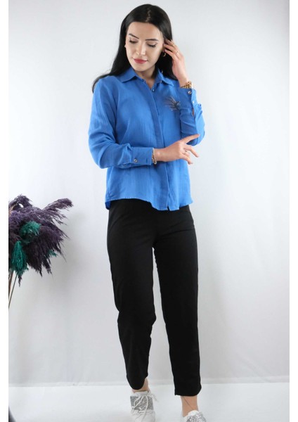 Taşlı Keten Gömlek MC2301 Indigo fiyatları