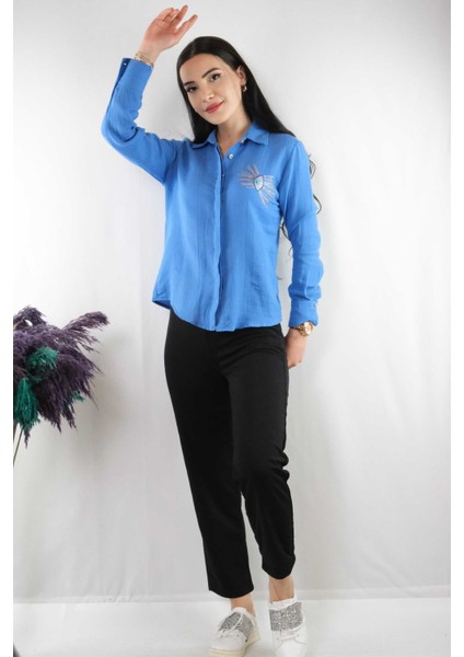 Taşlı Keten Gömlek MC2301 Indigo fırsatları