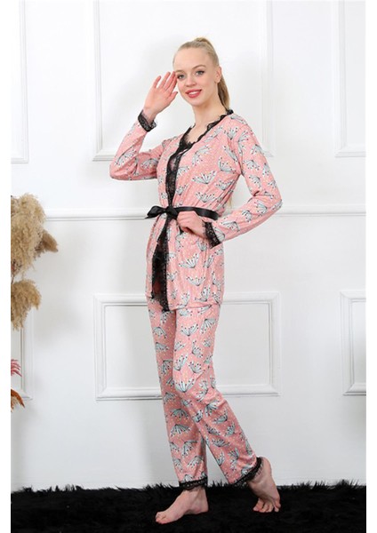 Kadın 3'lü Somon Sabahlık Pijama Takım 16103 modelleri