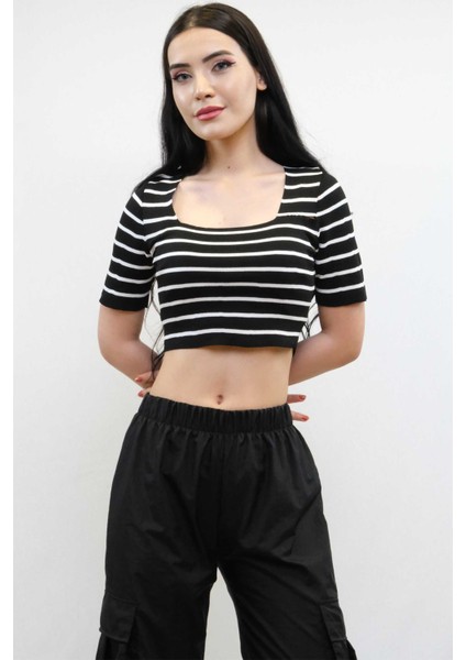 Triko Crop Çizgili Siyah fiyatları