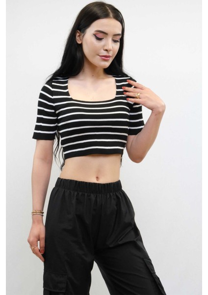 Triko Crop Çizgili Siyah modelleri