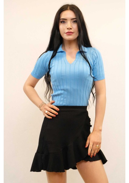 Gömlek Yaka Triko Bluz Mavi