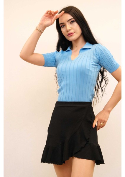 Gömlek Yaka Triko Bluz Mavi fiyatları