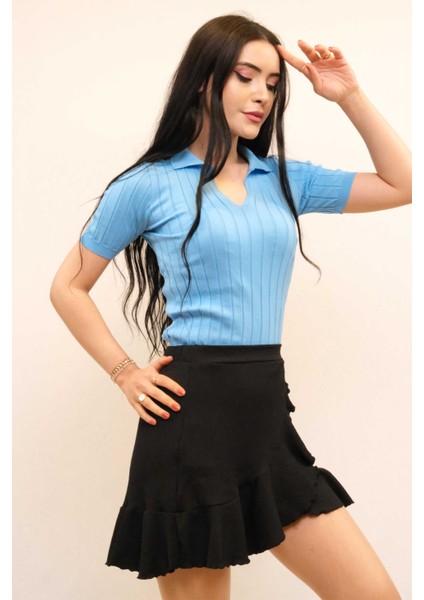 Gömlek Yaka Triko Bluz Mavi modelleri