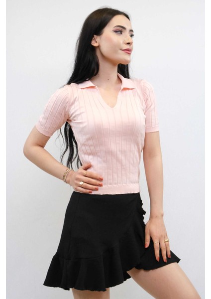 Gömlek Yaka Triko Bluz Pudra