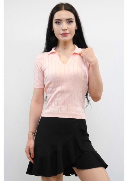 Gömlek Yaka Triko Bluz Pudra fiyatları