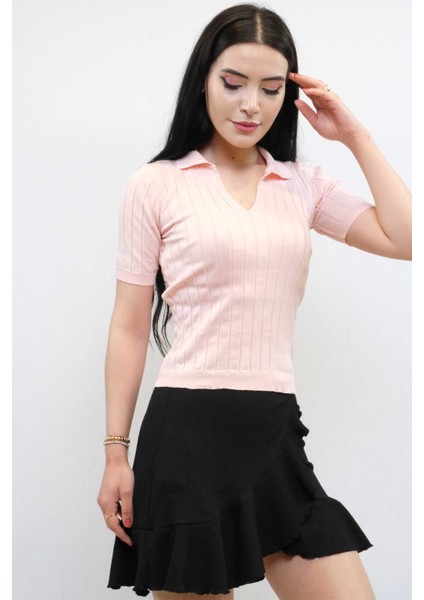 Gömlek Yaka Triko Bluz Pudra modelleri