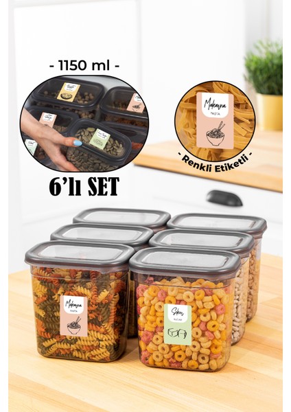 Renkli Etiketli Peggy Dikdörtgen Saklama Kabı Seti 1150 ml Antrasit 6'lı