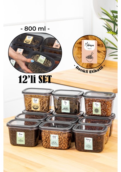Renkli Etiketli Peggy Dikdörtgen Saklama Kabı Seti 800 ml Antrasit 12'li