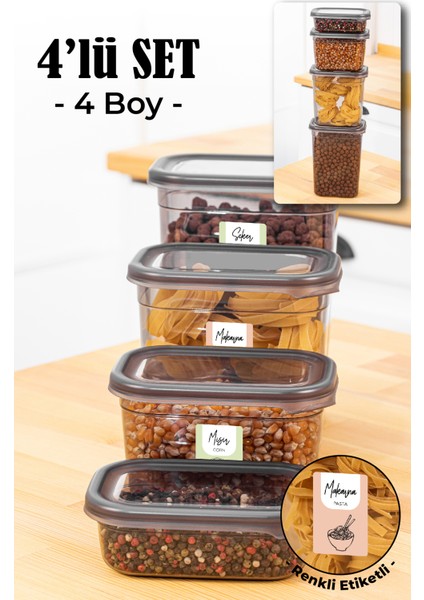 4lü Renkli Etiketli Peggy Dikdörtgen Saklama Kabı Seti 1x(1500+1150+800+400 ml) Antrasit