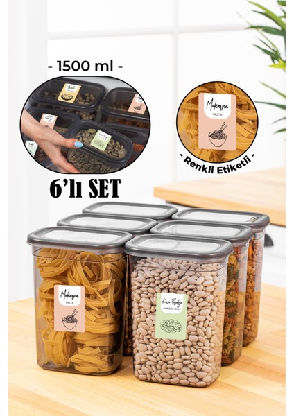 Renkli Etiketli Peggy Dikdörtgen Saklama Kabı Seti 1500 ml Antrasit 6'lı