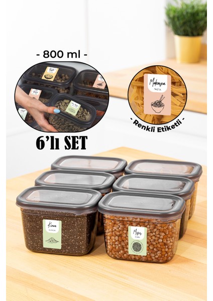 Renkli Etiketli Peggy Dikdörtgen Saklama Kabı Seti 800 ml Antrasit 6'lı