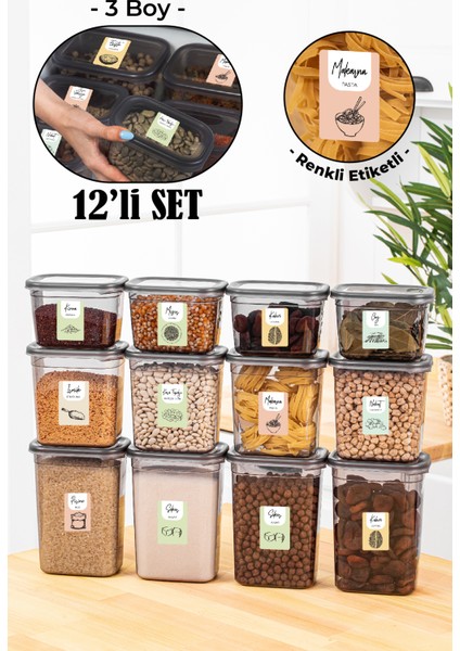 12li Renkli Etiketli Peggy Dikdörtgen Saklama Kabı Seti 4x(1500+1150+800 ml) Antrasit