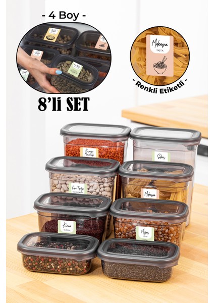 8li Renkli Etiketli Peggy Dikdörtgen Saklama Kabı Seti 2x(1500+1150+800+400 ml) Antrasit