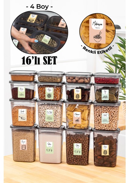16lı Renkli Etiketli Peggy Dikdörtgen Saklama Kabı Seti 4x(1500+1150+800+400 ml) Antrasit