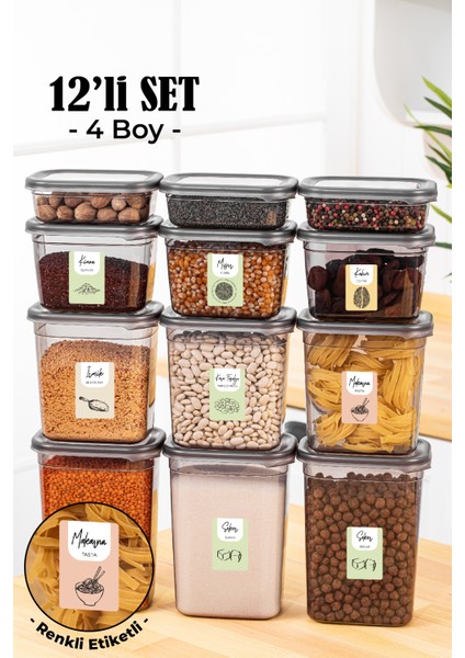 12li Renkli Etiketli Peggy Dikdörtgen Saklama Kabı Seti 3x(1500+1150+800+400 ml) Antrasit