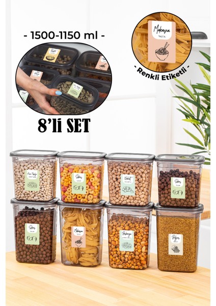 8li Renkli Etiketli Peggy Dikdörtgen Saklama Kabı Seti 4x(1500+1150 ml) Antrasit