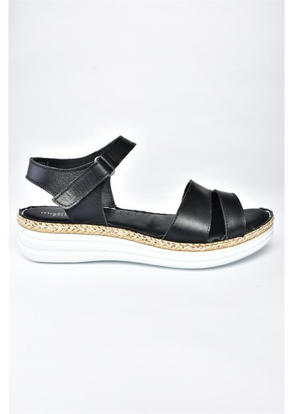 P540061903 Siyah Hakiki Deri Kadın Sandalet indirimleri