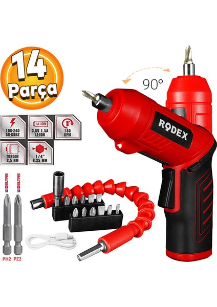 Rodex RDX3085 Akülü Vidalama Şarjlı Tornavida Vidalama Ucu Seti + Izeltaş Matkap Bits Uç Seti