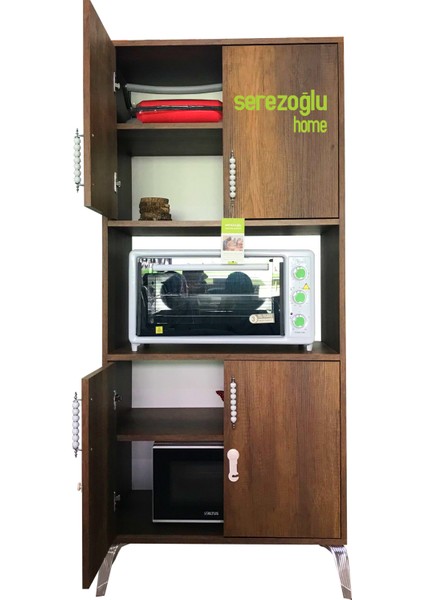 Serezoğlu Home Hamarat Large Çok Amaçlı Fırın Dolabı, Erzak, Mutfak, Balkon, Banyo-4 Kapaklı-4 Bölmeli-Ceviz-75X170,8X45