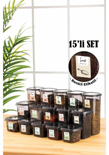 Renkli Etiketli Peggy Kare Erzak Saklama Kabı 5x(0,55 lt, 1,2 lt, 1,75 lt) Antrasit