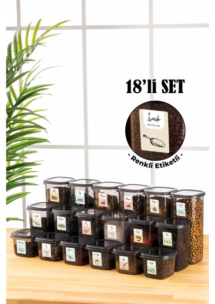 Renkli Etiketli Peggy Kare Erzak Saklama Kabı 6x(0,55 lt, 1,2 lt, 1,75 lt) Antrasit