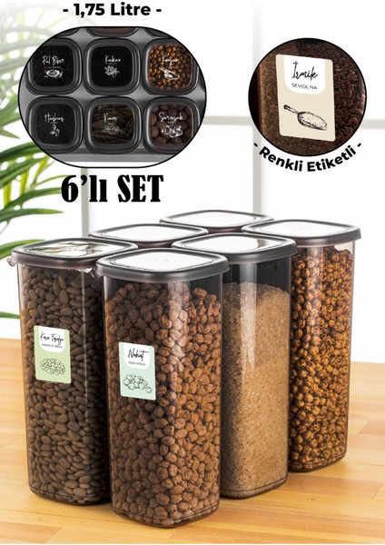 Renkli Etiketli Peggy Kare Erzak Saklama Kabı Antrasit 1,75 lt 6'lı