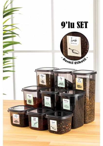 Renkli Etiketli Peggy Kare Erzak Saklama Kabı 3x(0,55 lt, 1,2 lt, 1,75 lt) Antrasit