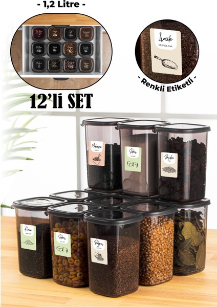 Renkli Etiketli Peggy Kare Erzak Saklama Kabı Antrasit 1,2 lt 12'li