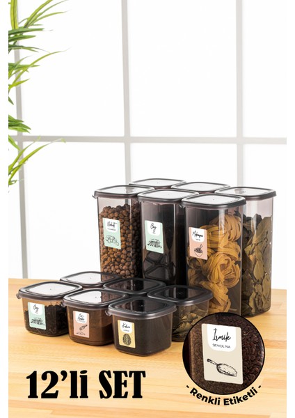 Renkli Etiketli Peggy Kare Erzak Saklama Kabı 6x(0,55 lt, 1,75 lt) Antrasit