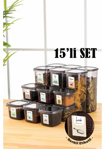 Renkli Etiketli Peggy Kare Erzak Saklama Kabı 9x(0,55 lt) + 6x(1,75 lt) Antrasit
