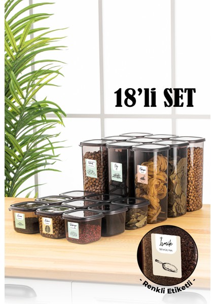 Renkli Etiketli Peggy Kare Erzak Saklama Kabı 9x(0,55 lt, 1,75 lt) Antrasit