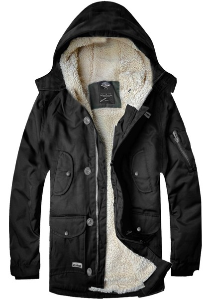 Alaska The Last Frontier Alaska Slim Fit  Soğuğa  ve Suya Dayanıklı Oxford Kumaş Kapüşonlu Kısa Parka Kaban  --Siyah--