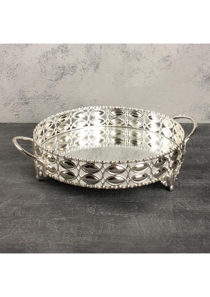 Dekoratif Aynalı Tepsi Yuvarlak Küçük Boy Badem Model Gümüş Renk