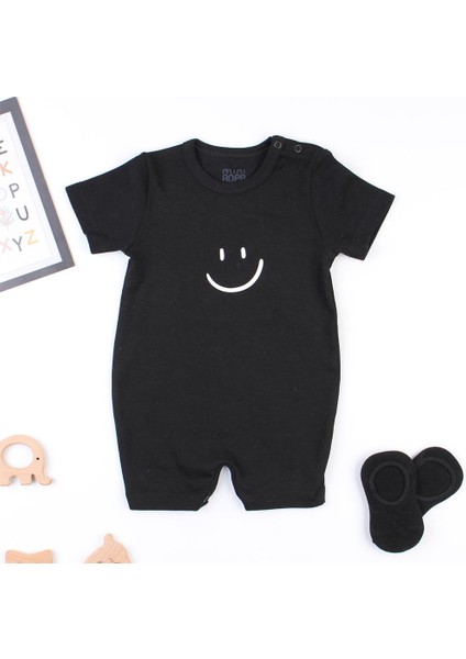 Kısa Kollu Siyah Bebek Tulumu Smile Baskılı Yazlık Bebek Barbatöz Kısa Tulum