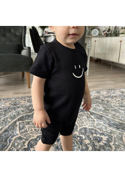 Kısa Kollu Siyah Bebek Tulumu Smile Baskılı Yazlık Bebek Barbatöz Kısa Tulum fiyatları