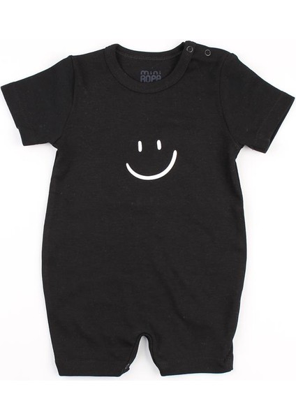 Kısa Kollu Siyah Bebek Tulumu Smile Baskılı Yazlık Bebek Barbatöz Kısa Tulum modelleri