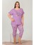 Lila Renk ve Çiçek Desenli Lady 10643 Battal Büyük Beden Kapri Pijama Takımı 1