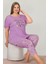 Lila Renk ve Çiçek Desenli Lady 10643 Battal Büyük Beden Kapri Pijama Takımı 2