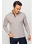 Erkek Polo Yaka Kare Desenli Uzun Kollu Sweatshirt Bej 2
