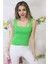 Kadın Fıstık Yeşili Kare Yaka Triko Atlet Bluz Crop Standart Beden 1