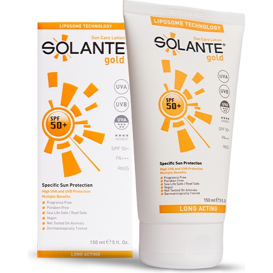 Solante Gold SPF 50+ Güneş Kremi 150 ml – Hassas Ciltler İçin Renksiz, Yağsız ve Suya Dayanıklı Geniş Spektrumlu Koruma