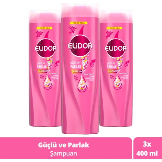 Elidor Superblend Saç Bakım Şampuanı Güçlü ve Parlak E Vitamini Makademya Yağı Kolajen 400 ml x3