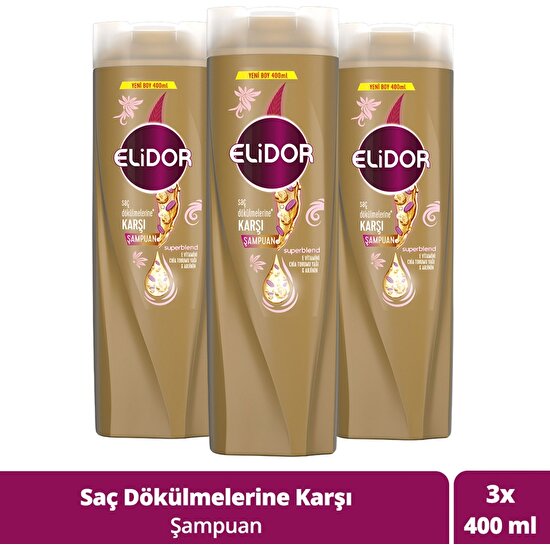Elidor Superblend Saç Bakım Şampuanı Saç Dökülmelerine Karşı E Vitamini Chia Tohumu Yağı Arjinin 400 ml X3