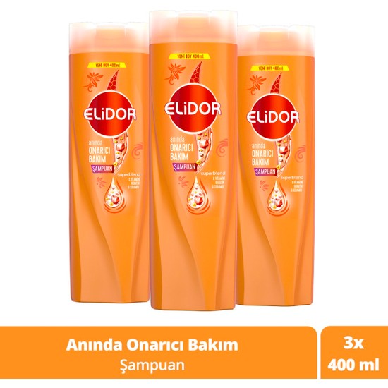 Elidor Superblend Saç Bakım Şampuanı Anında Onarıcı Bakım C Vitamini Keratin Seramid 400 ml X3
