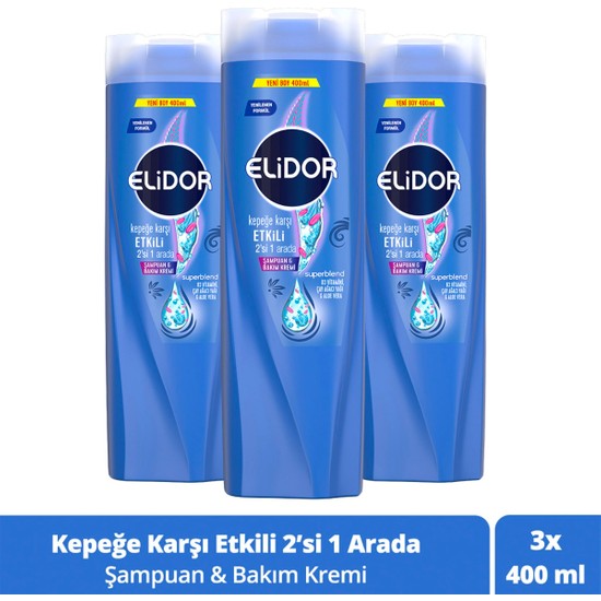 Elidor Superblend Şampuan ve Bakım Kremi Kepeğe Karşı Etkili 2'si 1 Arada B3 Vitamini Çay Ağacı Yağı Aloe Vera 400 ml X3